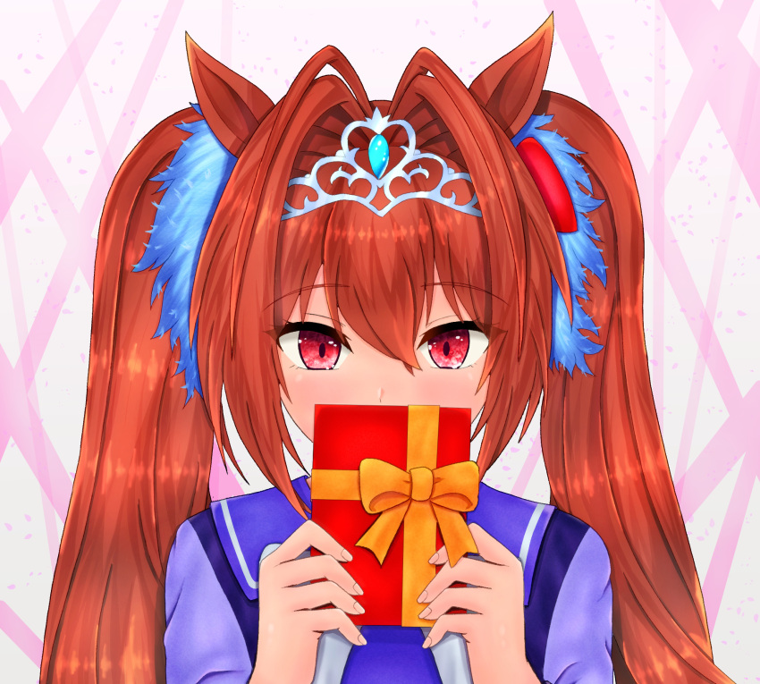 1girl animal_ears antenna_hair blush bow box commentary_request daiwa_scarlet_(umamusume) gift gift_box hair_between_eyes hair_bow hair_intakes highres holding holding_box horse_ears horse_girl long_hair looking_at_viewer m172/minatsu red_bow red_eyes red_hair school_uniform simple_background solo tiara tracen_school_uniform twintails two-tone_background umamusume upper_body very_long_hair white_background