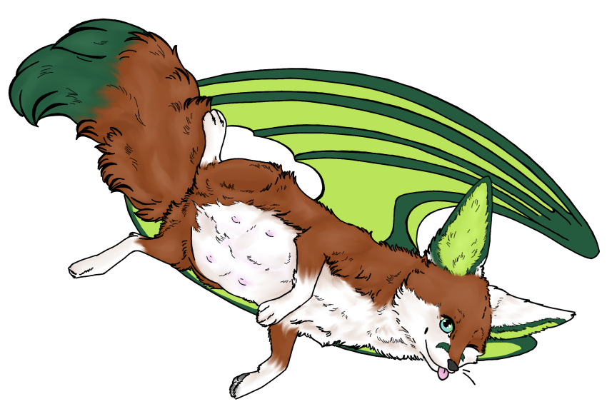4_teats 4_toes belly big_ears blue_eyes breasts canid canine dipstick_tail dragon dragon_wings feet female feral fox gradient_eyes green_eyes green_facial_markings green_inner_ear green_tail_tip green_wings grey_nose grey_pawpads hi_res hybrid leg_in_air mammal markings mythological_creature mythological_scalie mythology nipples one_eye_closed pawpads presenting presenting_belly pupils scalie slit_pupils solo tail tail_markings teats techno_blueberry toes tongue tongue_out tsunekitsune white_belly white_ears white_legs white_paws wings wink