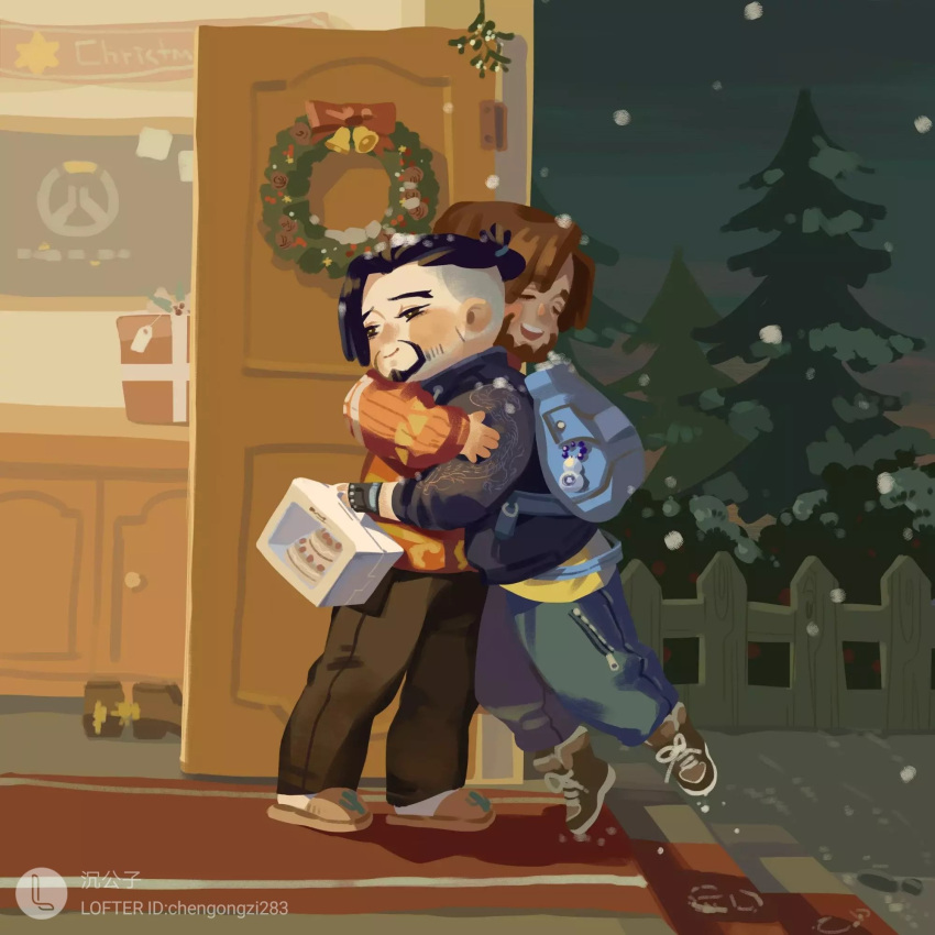 2boys backpack bag beard black_eyes black_hair black_jacket blue_bag blue_pants bright_pupils brown_footwear brown_hair brown_pants cake cassidy_(overwatch) chengongzi123 christmas christmas_wreath closed_eyes closed_mouth deformed door english_commentary facial_hair fence food full_body gift hanzo_(overwatch) highres holding holly hug indoors jacket lofter_username long_sleeves male_focus multiple_boys mutual_hug open_mouth orange_sweater overwatch pants pine_tree short_hair slippers snow snowing standing sweater tree undercut white_pupils winter wreath