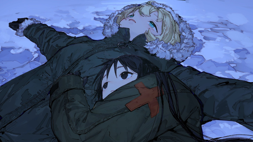 2girls black_gloves black_hair blonde_hair chito_(shoujo_shuumatsu_ryokou) coat fur-trimmed_coat fur_trim gloves green_coat highres hug long_sleeves looking_up multiple_girls outstretched_arms shoujo_shuumatsu_ryokou snow_angel unrefle yuuri_(shoujo_shuumatsu_ryokou)