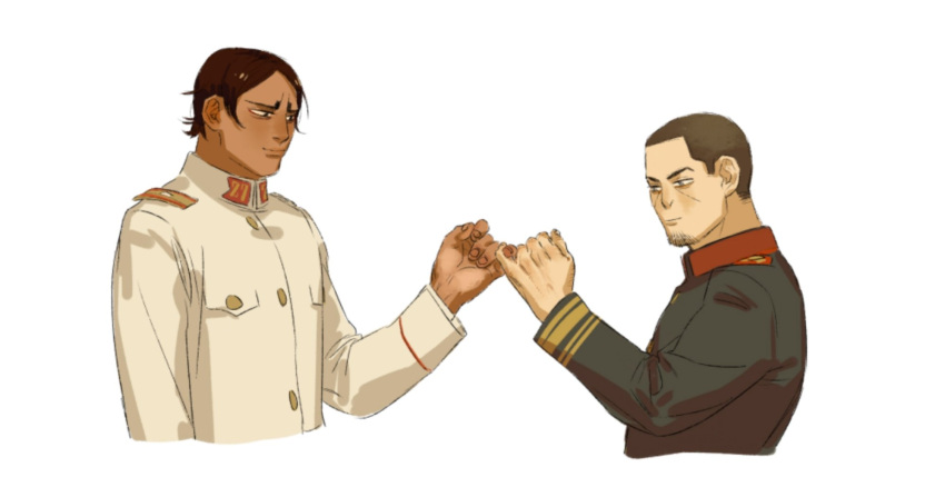 2boys black_eyes brown_hair chengongzi123 closed_mouth collared_coat cropped_torso dark-skinned_male dark_skin facial_hair goatee_stubble golden_kamuy grey_eyes highres koito_otonoshin long_sleeves looking_at_another male_focus military_uniform multiple_boys pinky_swear short_hair simple_background smile stubble tsukishima_hajime uniform upper_body very_short_hair white_background