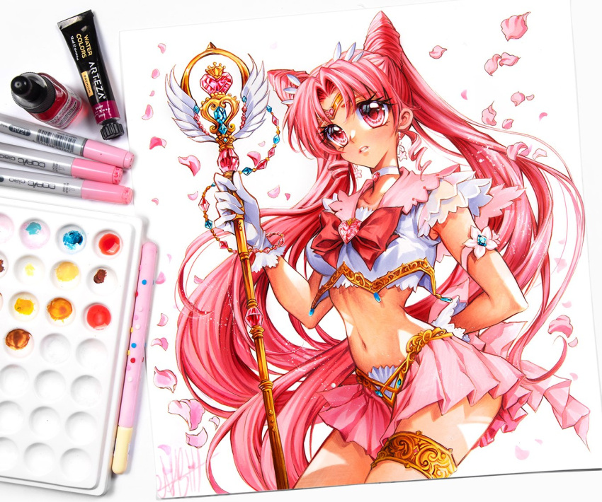 aged_up bishoujo_senshi_sailor_moon bow brooch chibi_usa choker circlet cone_hair_bun double_bun drill_hair drill_sidelocks gloves hair_bun hair_ornament heart heart_brooch jewelry lips long_hair magical_girl midriff miniskirt nashi_juni petals pink_eyes pink_hair pink_sailor_collar pleated_skirt sailor_chibi_moon sailor_collar sailor_senshi_uniform scepter sidelocks skirt thighs twintails white_gloves