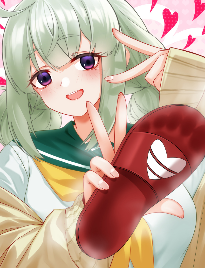 1girl araga_kiwi blush breasts cang_se_ye_hua eyelashes footprints footwear_focus green_hair hands_up heart highres holding jacket large_breasts long_sleeves looking_at_viewer mahou_shoujo_ni_akogarete mole mole_under_eye neckerchief open_clothes open_jacket open_mouth purple_eyes sailor_collar sandals school_uniform shirt sidelocks smell solo teeth twintails unworn_sandals upper_teeth_only white_shirt yellow_neckerchief