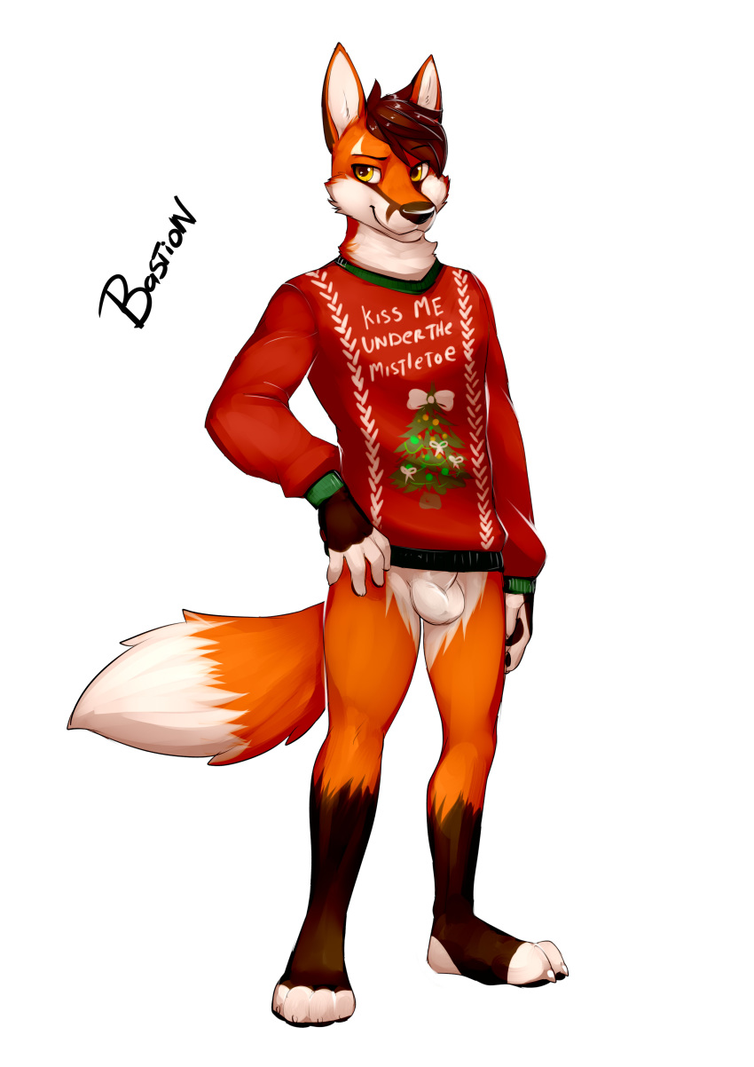 animal_genitalia anthro balls bastion bottomless brown_eyes brown_fur canine christmas_sweater clothed clothing fox fur male mammal orange_fur sheath simple_background solo standing sweater white_fur