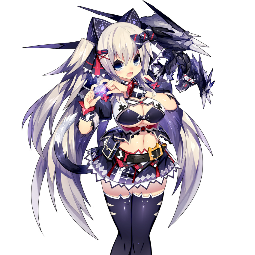 :3 :d animal_band_legwear animal_ears animal_print argyle argyle_skirt astaroth_(uchi_no_hime-sama) bangs bare_shoulders belt belt_buckle belt_pouch black_bow black_bra black_legwear black_skirt blue_eyes blush bow bow_bra bra bracer breasts buckle cat_band_legwear cat_ears cat_print cat_tail cleavage cleavage_cutout crop_top cross dragon fake_animal_ears floating glowing gradient gradient_skirt hair_between_eyes hair_ornament hair_ribbon hairclip hands_up happy heart heart_hands highres lace lace-trimmed_ribbon lace-trimmed_skirt large_breasts legs_together light_particles long_hair looking_at_viewer low_twintails mamuru midriff navel o_o official_art one_side_up open_clothes open_mouth paw_print plaid pleated_skirt pouch print_legwear puffy_short_sleeves puffy_sleeves red_eyes ribbon short_sleeves sidelocks silver_hair skirt smile solo sparkle spikes standing tail thighhighs transparent transparent_background twintails uchi_no_hime-sama_ga_ichiban_kawaii underboob underwear very_long_hair white_bow wrist_cuffs x_hair_ornament zettai_ryouiki