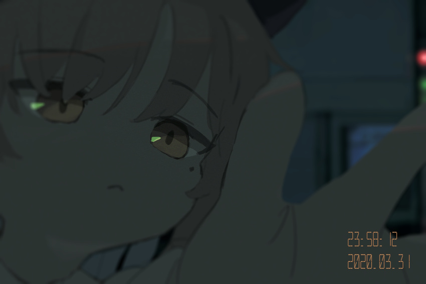 1girl :&lt; adjusting_camera against_fourth_wall blurry blurry_background blurry_foreground brown_eyes closed_mouth commentary_request dark depth_of_field hatoba_tsugu looking_at_viewer mole mole_under_eye portrait solo tekitoamt_(amati) timestamp tsugu_(vtuber) virtual_youtuber