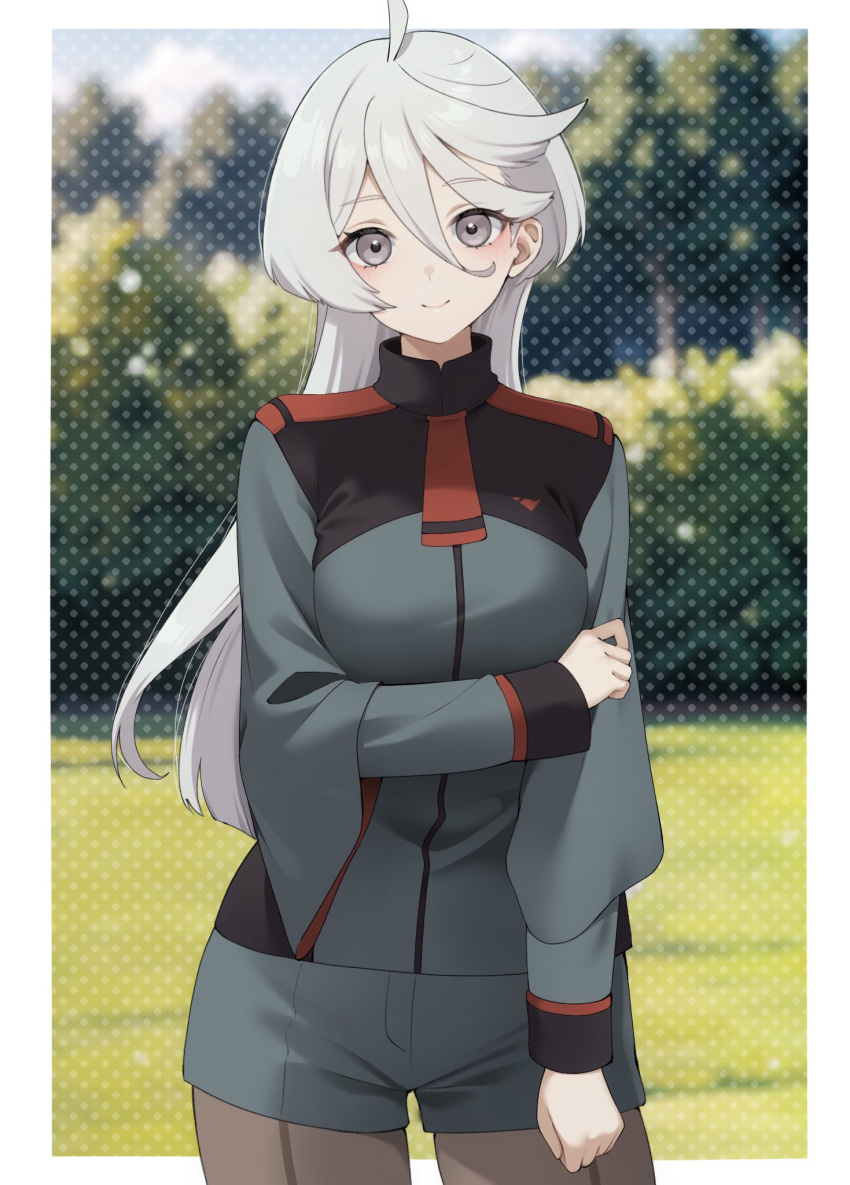 1girl ahoge asticassia_school_uniform black_pantyhose border campbell_xx closed_mouth cowboy_shot grey_eyes grey_shirt grey_shorts gundam gundam_suisei_no_majo hair_between_eyes highres long_bangs long_hair long_sleeves looking_at_viewer miorine_rembran pantyhose polka_dot polka_dot_background school_uniform shirt shorts smile solo white_border white_hair