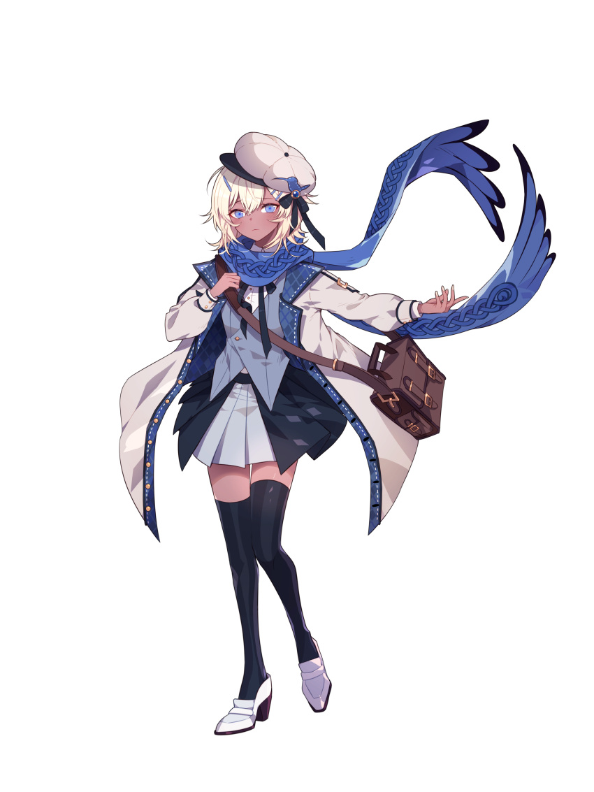 1girl absurdres bag blazer blonde_hair blue_eyes dark_skin esper_(quantum_protocol) hair_ornament handbag hat hen-tie high_heels highres jacket messenger_bag neck_ribbon non-web_source official_art open_clothes open_jacket pleated_skirt quantum_protocol ribbon scarf short_hair shoulder_bag skirt thighhighs thighs transparent_background