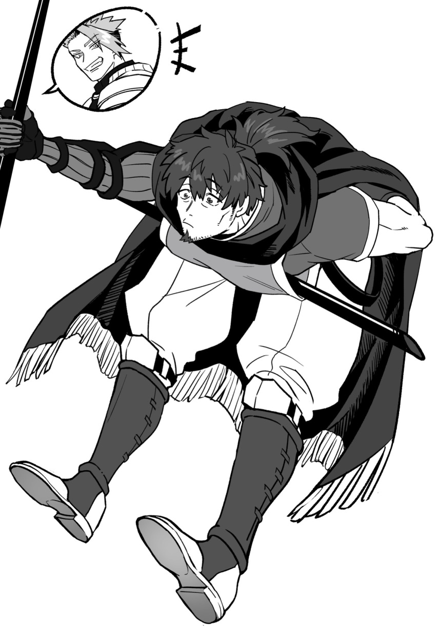 1boy achilles_(fate) arm_behind_back bags_under_eyes bara boots cape cheekbones closed_mouth facial_hair fate/grand_order fate_(series) full_body goatee greyscale haruto_(hit23ewluvnpfo6) hector_(fate) highres leaning_forward looking_ahead male_focus monochrome pants ponytail prosthesis prosthetic_arm speech_bubble spoken_character tabard white_background