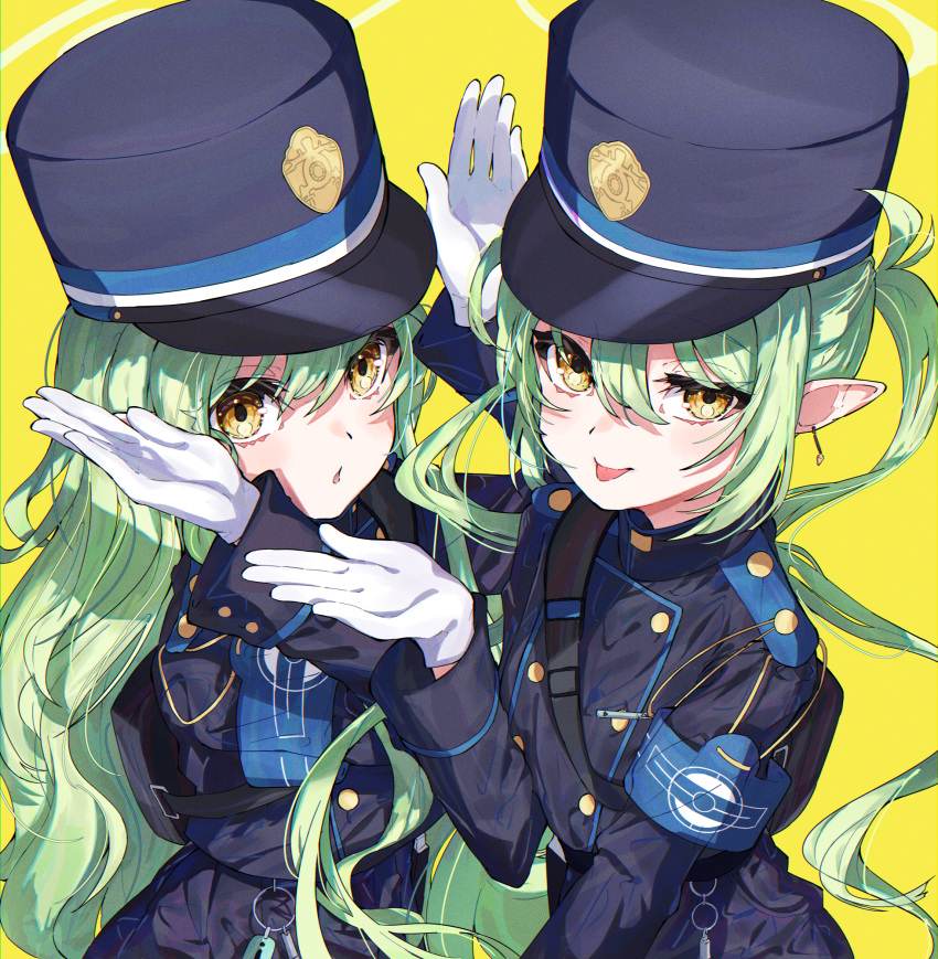 2girls black_hat black_jacket blue_archive blush closed_mouth gloves green_hair green_halo hair_between_eyes halo hanozuku hat highlander_sidelocks_conductor_(blue_archive) highlander_twintails_conductor_(blue_archive) highres jacket long_hair long_sleeves looking_at_viewer multiple_girls parted_lips peaked_cap pointy_ears sidelocks simple_background smile tongue tongue_out twintails white_gloves yellow_background yellow_eyes