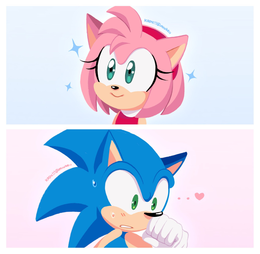 1boy 1girl amy_rose artist_name blue_fur blush dress furry furry_female furry_male gloves green_eyes hairband hand_up heart hedgehog hedgehog_boy hedgehog_ears hedgehog_girl highres kady_(miukeii) pink_fur red_dress red_hairband smile sonic_(series) sonic_the_hedgehog star_(symbol) sweat upper_body