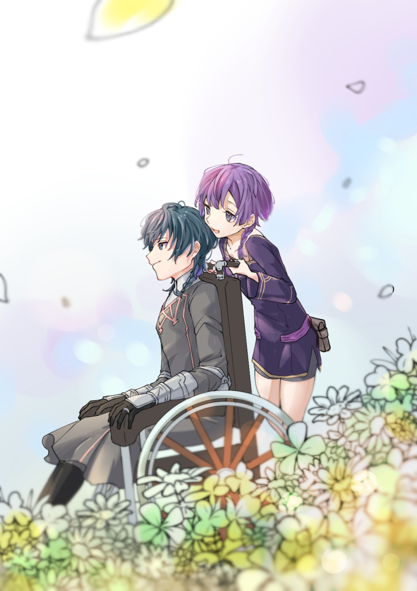 1boy 1girl bernadetta_von_varley black_shirt blue_hair blue_sky byleth_(fire_emblem) byleth_(male)_(fire_emblem) commentary_request dress fire_emblem fire_emblem:_three_houses flower gauntlets highres long_sleeves petals purple_dress purple_eyes purple_hair sakura_no_yoru shirt short_hair sitting sky wheelchair yellow_flower