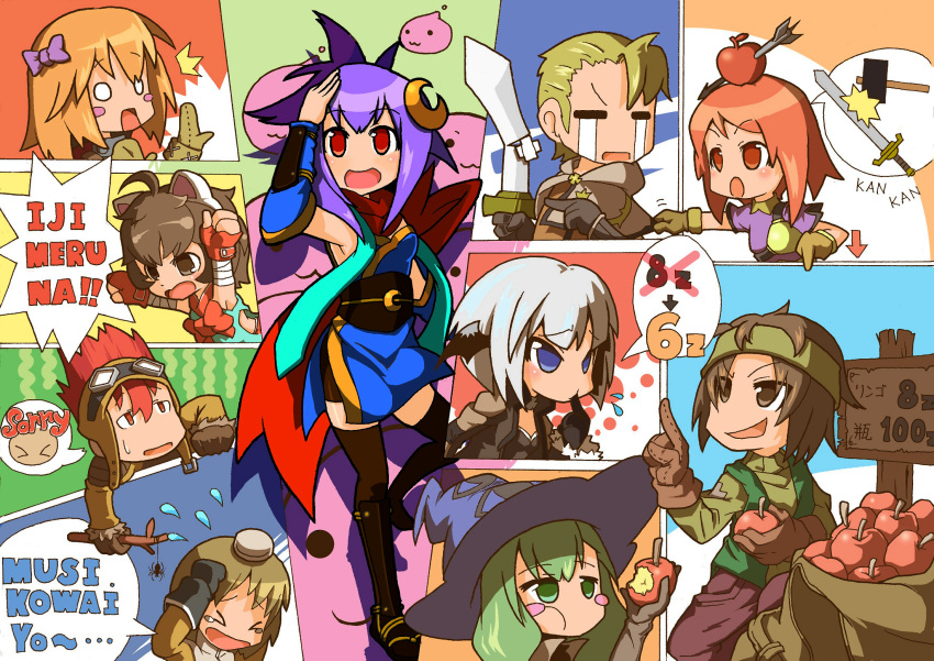 &gt;_&lt; 3boys 6+girls acolyte_(ragnarok_online) animal_ears apple apple_on_head archer_(ragnarok_online) arrow_through_apple asymmetrical_bangs bag biretta black_gloves black_sash black_thighhighs black_wings blonde_hair blue_eyes blue_hat blush_stickers bow bowtie broken broken_sword broken_weapon brown_eyes brown_gloves brown_hair brown_jacket bug capelet cat_ears closed_eyes closed_mouth commentary_request cowboy_shot crescent crescent_hair_ornament crying eating fake_animal_ears flying_sweatdrops food fruit full_body gloves goggles goggles_on_head green_eyes green_hair green_headband green_shirt grey_capelet grey_hair gunslinger_(ragnarok_online) hair_between_eyes hair_bow hair_ornament hat head_wings headband highres holding holding_food holding_fruit holding_stick holding_sword holding_weapon index_finger_raised jacket kunihiro long_bangs long_hair looking_at_another looking_at_viewer mage_(ragnarok_online) medium_bangs medium_hair merchant_(ragnarok_online) multiple_boys multiple_girls muneate ninja ninja_(ragnarok_online) o_o obi open_mouth orange_eyes orange_hair poring purple_bow purple_hair purple_shirt ragnarok_online red_apple red_bow red_bowtie red_eyes red_hair red_scarf sack sash scared scarf shirt short_hair short_sleeves slime_(creature) smile spider spiked_hair stick streaming_tears sword swordsman_(ragnarok_online) taekwon_(ragnarok_online) tears thief_(ragnarok_online) thighhighs v-shaped_eyebrows weapon wings witch_hat