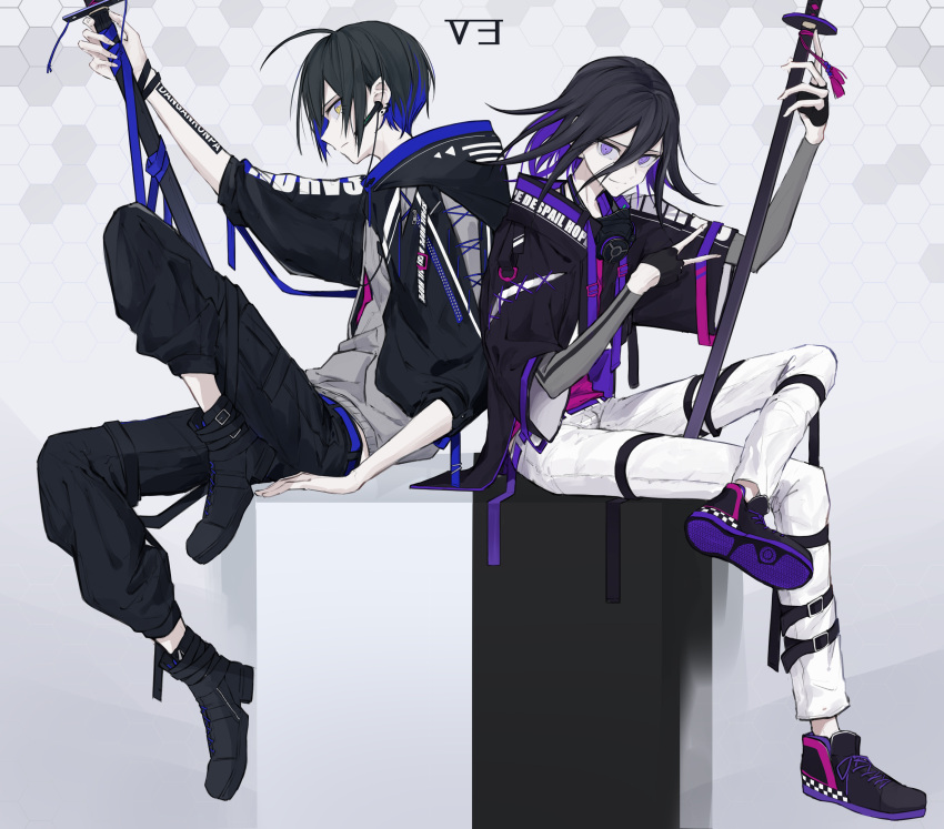 2boys absurdres ahoge back-to-back black_gloves black_hair commentary_request copyright_name crossed_legs danganronpa_(series) danganronpa_v3:_killing_harmony fingerless_gloves flipped_hair from_side full_body gloves grey_background hair_between_eyes highres holding holding_sword holding_weapon honeycomb_(pattern) honeycomb_background hood hood_down hoodie iumi_urura jacket katana knee_up layered_sleeves long_sleeves looking_at_viewer male_focus multiple_boys oma_kokichi pants purple_eyes purple_hair saihara_shuichi short_hair short_over_long_sleeves short_sleeves simple_background sitting smile sword v weapon white_pants yellow_eyes