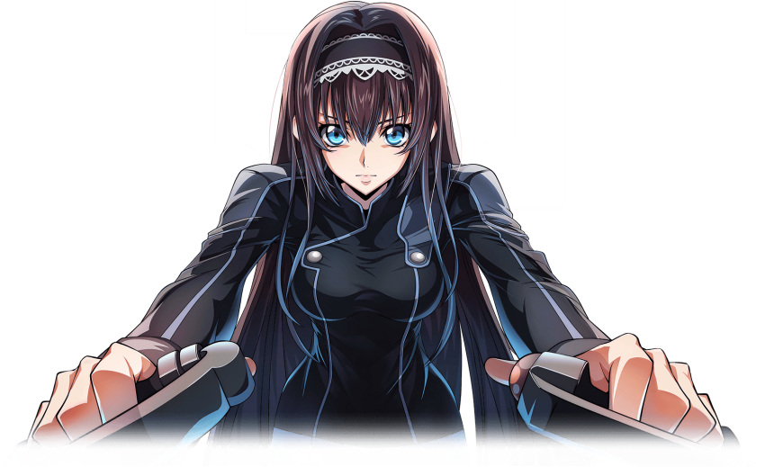 1girl artist_request black_hairband black_shirt blue_eyes breasts brown_hair buttons closed_mouth code_geass code_geass:_lost_stories controller foreshortening frilled_hairband frills game_cg hair_between_eyes hair_intakes hairband highres joystick leaning_forward long_hair long_sleeves looking_at_viewer maya_disel medium_breasts non-web_source official_art outstretched_arms serious shirt sidelocks simple_background solo straight-on transparent_background upper_body v-shaped_eyebrows very_long_hair