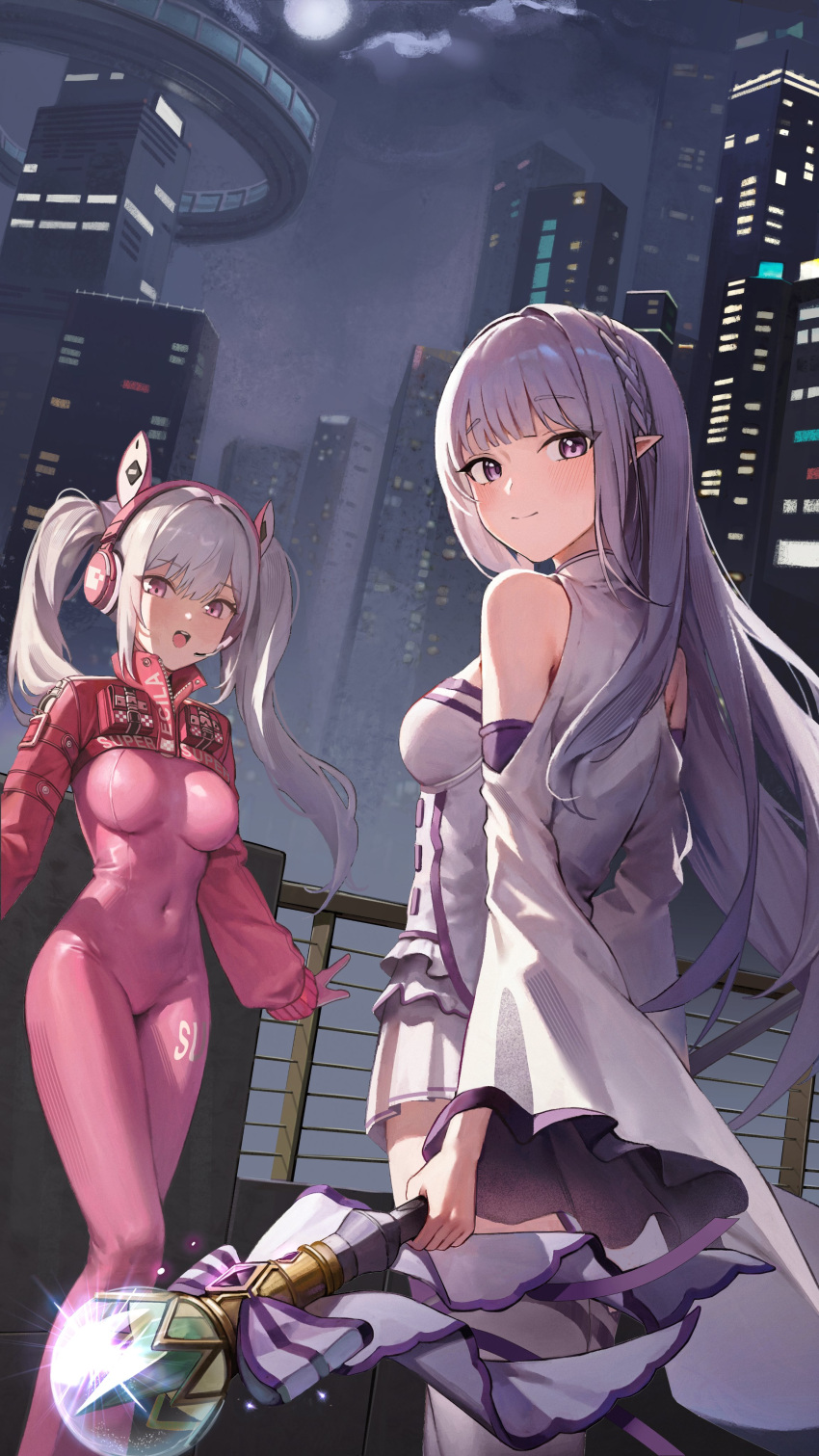 2girls absurdres alice_(nikke) animal_ear_headphones animal_ears bare_shoulders blush bodysuit breasts building city cropped_jacket dress emilia_(re:zero) fake_animal_ears flower goddess_of_victory:_nikke hair_flower hair_ornament hair_ribbon hallo_(rltkdydrltk) headphones highres jacket long_hair looking_at_viewer medium_breasts multiple_girls night open_mouth outdoors pink_bodysuit pink_eyes pink_headphones pointy_ears purple_eyes purple_ribbon re:zero_kara_hajimeru_isekai_seikatsu red_jacket ribbon skin_tight skyscraper thighhighs twintails white_flower white_hair x_hair_ornament