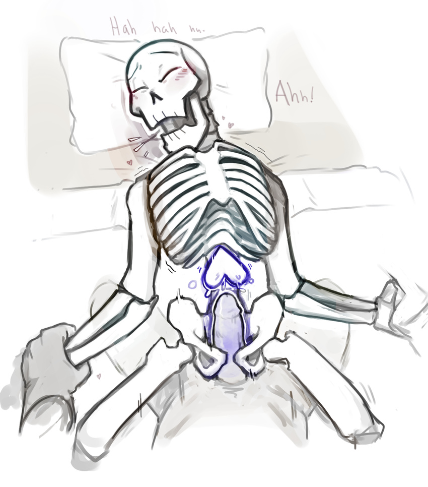 &lt;3 anal anal_penetration animated_skeleton bed blush bone dialogue english_text eyes_closed first_person_view human male male/male mammal not_furry papyrus_(undertale) penetration penis pillow sex skeleton soul text theyaois_(artist) undead undertale video_games