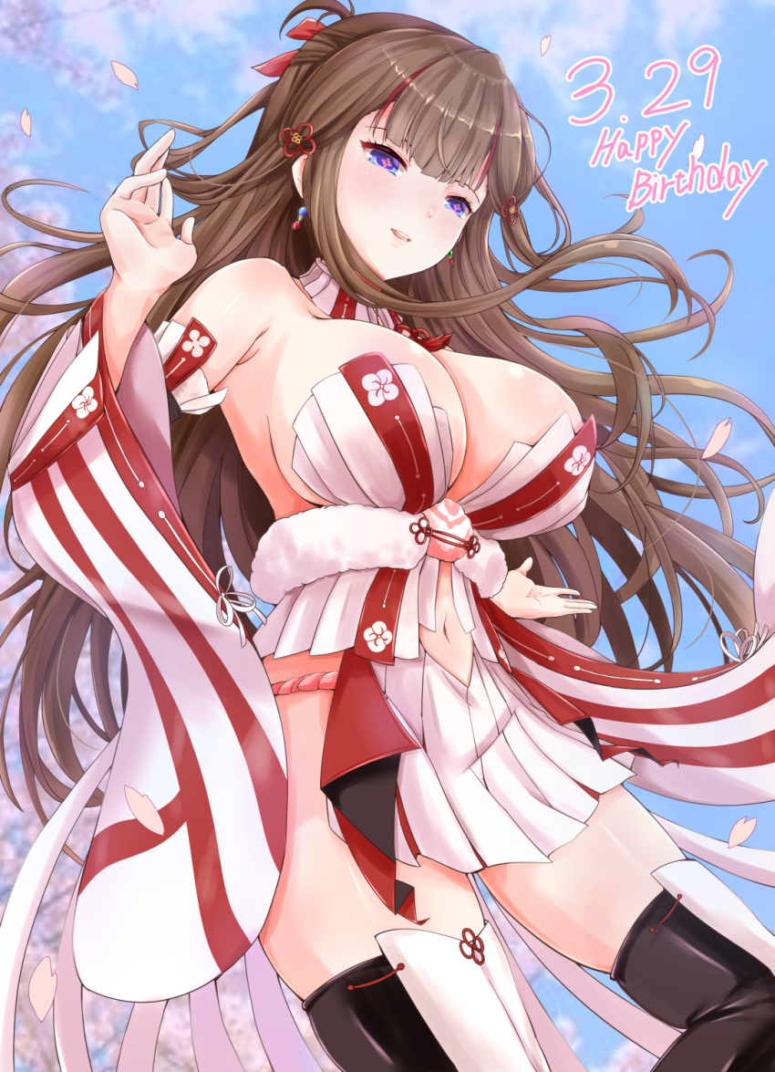 +_+ 1girl blue_eyes blush bow breasts brown_hair cherry_blossoms chinese_knot cleavage clothing_cutout detached_sleeves earrings falling_petals flower flower-shaped_pupils flower_necklace fundoshi hair_bow hair_ornament hair_rings happy_birthday highres japanese_clothes jewelry large_breasts long_hair midair mismatched_earrings multicolored_hair navel navel_cutout neck_tassel no_bra open_mouth petals pink_pupils red_hair revealing_clothes ryou.r senran_kagura smile streaked_hair symbol-shaped_pupils thighhighs toki_(senran_kagura)