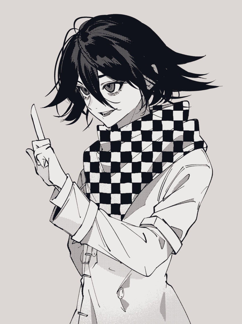 1boy black_hair buttons checkered_clothes checkered_scarf danganronpa_(series) danganronpa_v3:_killing_harmony eyelashes flipped_hair grey_background greyscale hair_between_eyes hand_up highres long_sleeves looking_ahead male_focus monochrome oma_kokichi open_mouth pointing pointing_up san_nohe_(mito) scarf short_hair smile solo straitjacket upper_body