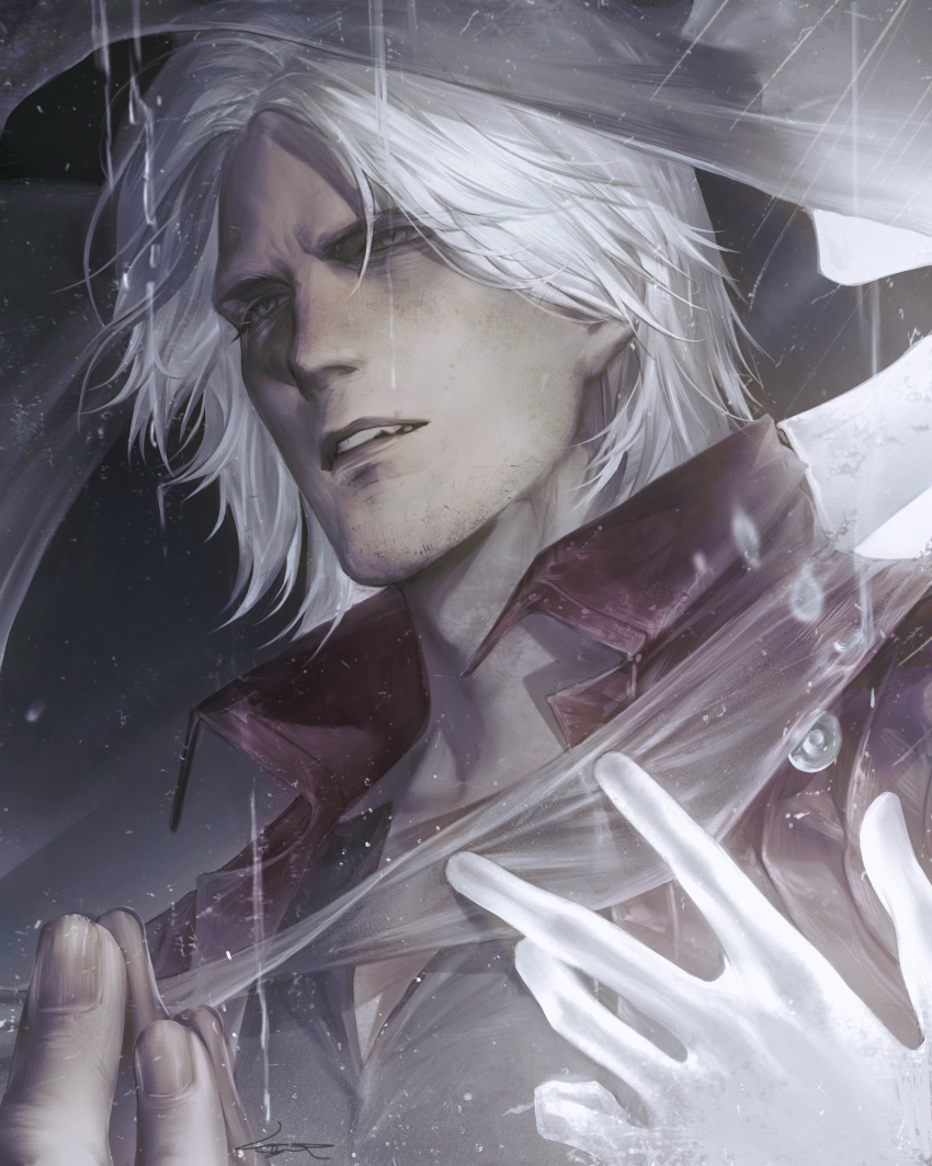 1boy aged_up beard bishounen blue_eyes coat dante_(devil_may_cry) devil_may_cry_(series) devil_may_cry_5 facial_hair highres holding long_hair male_focus mature_male qvlv_kuzi_feichuan solo white_hair