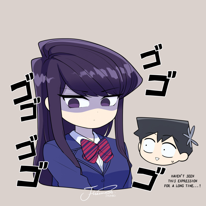 1boy 1girl absurdres artist_name black_hair blazer blue_jacket breasts chibi closed_mouth cropped_torso dot_nose dress_shirt english_text flower grey_background hair_flower hair_ornament highres j_humbo jacket komi-san_wa_komyushou_desu komi_shouko looking_down looking_to_the_side medium_breasts purple_eyes purple_hair shaded_face shirt signature simple_background sweatdrop swept_bangs tadano_hitohito white_shirt