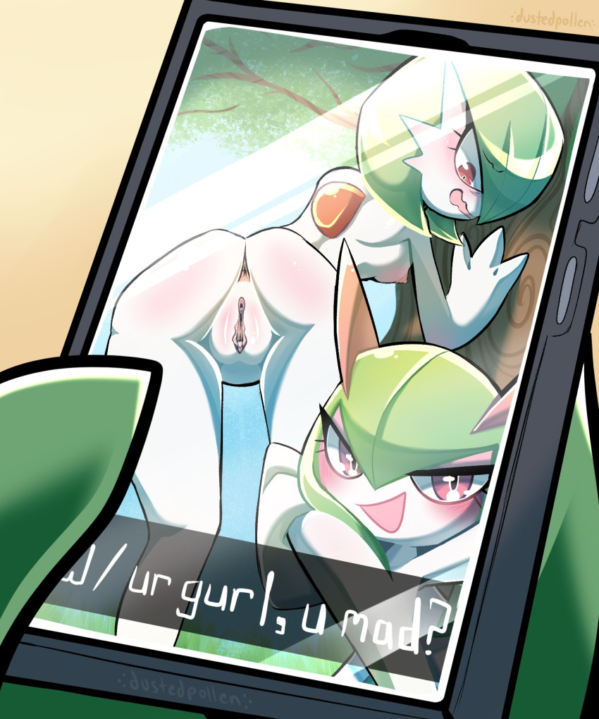 ambiguous_gender anus blush dustedpollen electronics eyeshadow female flustered gallade gardevoir generation_3_pokemon generation_4_pokemon genitals hi_res holding_leg holding_object holding_phone holding_tree kirlia looking_down_at_another makeup message nintendo nipples phone plant pokemon pokemon_(species) pussy smug tree
