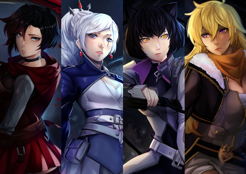 4girls absurdres black_hair blake_belladonna blonde_hair blue_eyes highres multiple_girls orange_eyes purple_eyes ruby_rose rwby weiss_schnee white_hair xuuikie_ashe yang_xiao_long