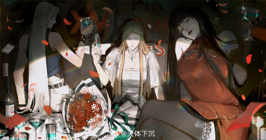 3girls against_table alternate_costume arm_support bare_arms bare_shoulders belt black_background black_eyes black_gloves black_hair black_thighhighs blonde_hair blue_eyes blue_shirt blurry blurry_background bottle bouquet bracelet china_dress chinese_clothes chinese_commentary choker cocktail_glass collarbone collared_dress commentary_request confetti contemporary crop_top crossed_legs cup dress drinking_glass elbow_gloves elezen elf expressionless falling_petals final_fantasy final_fantasy_xiv flower glint gloves hair_ornament halterneck hand_up head_tilt holding holding_cup hyur jewelry lace-trimmed_gloves lace-trimmed_thighhighs lace_trim lips logo long_hair looking_at_viewer looking_back minfilia_warde mole mole_under_mouth multiple_girls nose pants party pendant_choker petals pointy_ears red_dress red_flower red_lips red_rose ring rose shirt sitting sleeveless sleeveless_dress sleeveless_shirt smile straight_hair table thighhighs tian_ti_xiachen upper_body weibo_logo weibo_username white_choker white_hair white_pants wine_bottle wine_glass wristband x_hair_ornament yotsuyu_goe_brutus ysayle_dangoulain