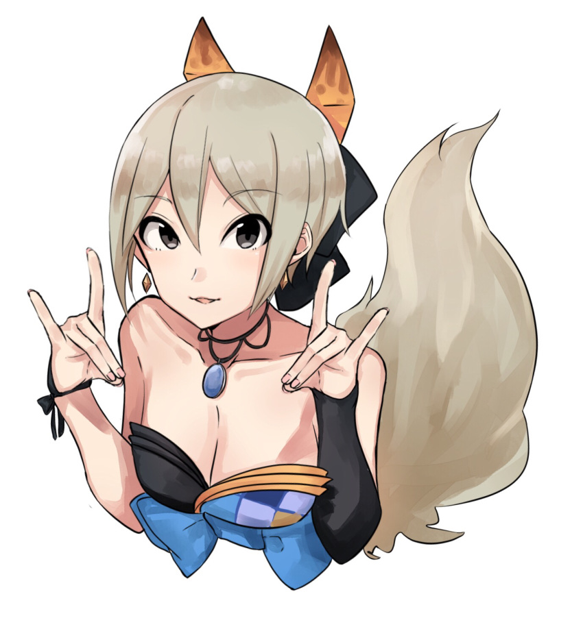 1girl asymmetrical_sleeves black_bow black_eyes black_sleeves bow breasts cleavage collarbone cropped_torso detached_sleeves earrings eyebrows_visible_through_hair fox_tail hair_between_eyes hair_bow highres hiiragi_mori_kanna idolmaster idolmaster_cinderella_girls jewelry long_sleeves looking_at_viewer medium_breasts necklace parted_lips shiomi_shuuko short_hair silver_hair simple_background single_sleeve solo tail upper_body white_background