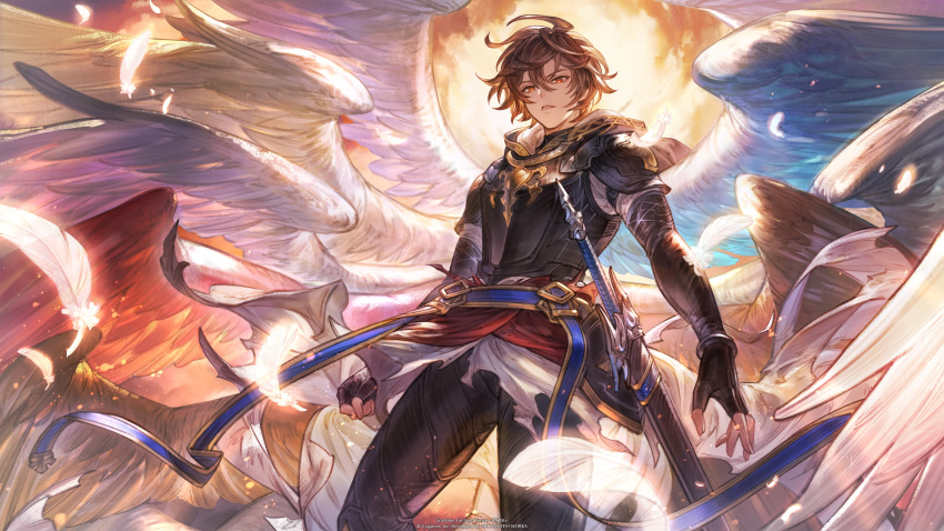 1boy absurdres ahoge armor belt bishounen blue_belt blue_wings breastplate brown_hair brown_wings cape cloud cloudy_sky company_name dawn expressionless falling_feathers feathers fingerless_gloves floating_cape from_below game_cg gloves granblue_fantasy granblue_fantasy_versus:_rising hair_between_eyes highres hood hood_down leather leather_pants light_particles logo looking_down male_focus messy_hair minaba_hideo multiple_wings official_art orange_sky pants parted_lips red_eyes red_wings sandalphon_(granblue_fantasy) scabbard sheath short_hair sky solo_focus sword third-party_source weapon white_cape white_feathers white_wings wings