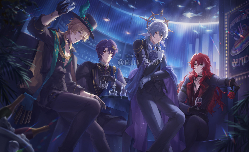 4boys argenti_(honkai:_star_rail) aventurine_(honkai:_star_rail) black_gloves black_hat black_jacket black_shirt blonde_hair collared_shirt cup dr._ratio_(honkai:_star_rail) drinking_glass earrings gloves green_eyes grey_hair hair_between_eyes halo hat hat_feather head_wings helen_zzhao highres holding honkai:_star_rail honkai_(series) jacket jewelry long_hair looking_at_viewer male_focus multiple_boys red_eyes red_hair shirt short_hair sitting suit sunday_(honkai:_star_rail) white_gloves wine_glass wings yellow_eyes