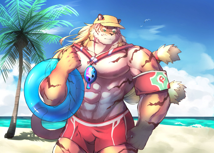 1boy abs absurdres arm_at_side armband bara beach bird closed_mouth furry furry_male green_eyes highres innertube instrument looking_to_the_side male_focus male_swimwear muscular muscular_male ocarina palm_tree pang_(sdorica) pectorals red_armband red_male_swimwear red_swim_trunks sdorica seagull shore solo summer swim_ring tiger_boy topless_male tree yed_(yedsilent) yellow_hat