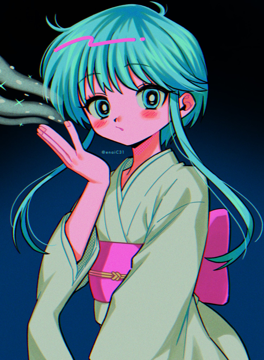 1girl blowing blue_eyes blue_hair blush_stickers cryokinesis eyelashes fingernails gradient_background highres japanese_clothes jigoku_sensei_nube kimono long_sleeves looking_at_viewer menma_(enaic31) parted_lips short_hair_with_long_locks solo twitter_username white_kimono wide_sleeves yukime_(jigoku_sensei_nube)