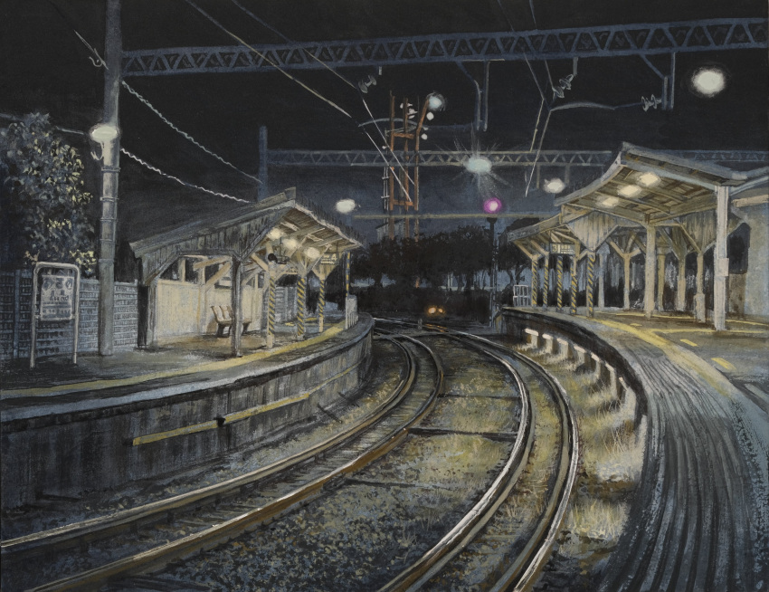 absurdres ballast dark highres light night night_sky no_humans original power_lines railroad_tracks scenery shadow sky tanamachi_yoshihiro train_station train_station_platform tree