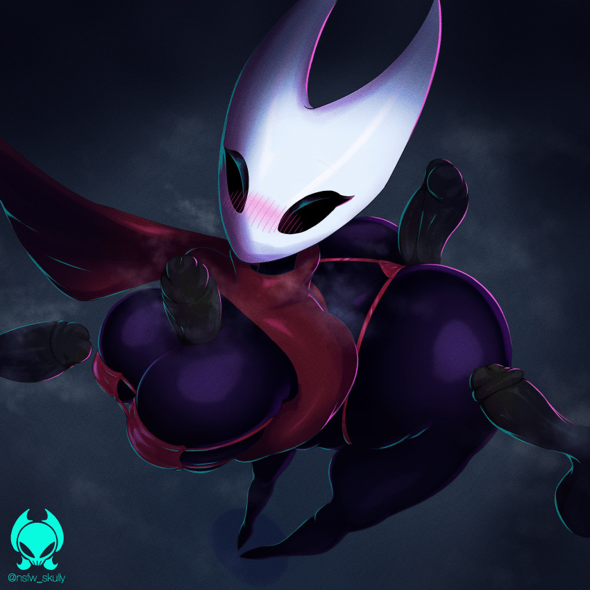 absurd_res anthro artist_logo big_breasts black_body black_breasts black_penis blush breasts cloak clothing disembodied_penis eyelashes female foursome genitals glans group group_sex hi_res hollow_knight hornet_(hollow_knight) logo male male/female penis penis_between_breasts penis_on_butt red_cloak sex skullysrealm solo team_cherry thick_thighs thong underwear wide_hips