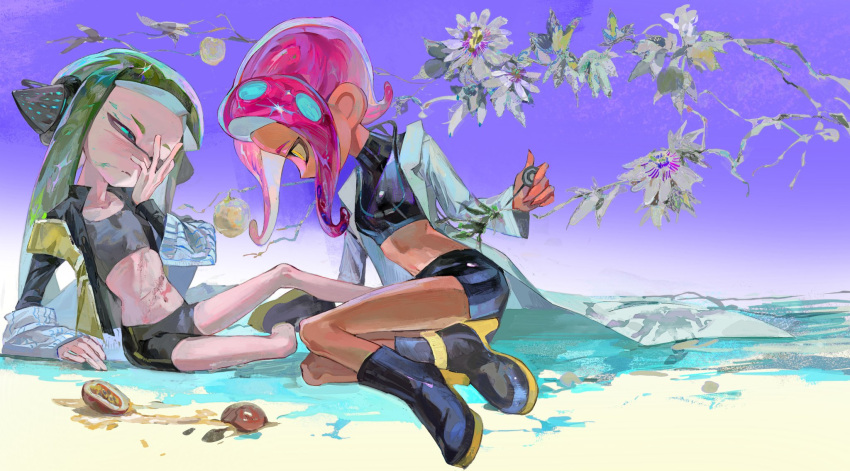 2girls agent_3_(splatoon) agent_8_(splatoon) arm_rest arm_warmers bike_shorts black_footwear black_headphones black_shirt black_shorts black_skirt blue_eyes boots bra coat collared_shirt covering_one_eye covering_own_eyes crop_top dark-skinned_female dark_skin fang flower full_body gradient_background green_hair grey_bra headphones highres holding holding_stethoscope inkling inkling_girl inkling_player_character lab_coat long_hair looking_at_another midriff miniskirt multiple_girls navel octoling octoling_girl octoling_player_character one_eye_closed open_clothes open_coat open_mouth open_shirt open_vest paint_splatter paint_splatter_on_face pink_hair scar scar_on_stomach shirt shorts sitting skirt splatoon_(series) splatoon_2 splatoon_2:_octo_expansion stethoscope strap_slip suction_cups tentacle_hair twintails uim_ase underwear vest white_coat white_flower yellow_eyes yellow_vest