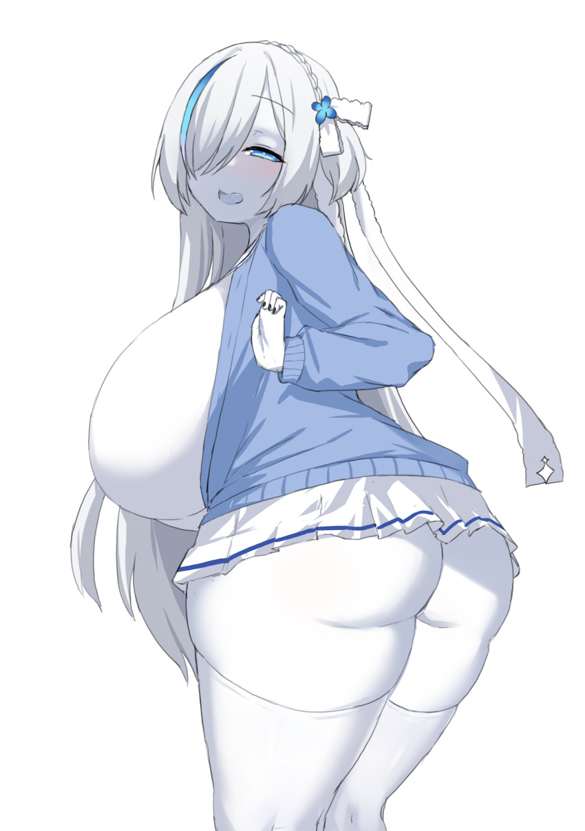 1girl absurdres ass azur_lane black_nails blue_cardigan blue_eyes braid breasts cardigan colored_skin curvy feet_out_of_frame flower from_behind gigantic_breasts hair_flower hair_ornament hair_over_one_eye half-closed_eye hand_up highres huge_ass leaning_forward light_blush long_hair long_sleeves looking_at_viewer looking_back miniskirt multicolored_hair nail_polish noe_(ppppriver) one_eye_covered open_cardigan open_clothes open_mouth pleated_skirt seductive_smile simple_background skirt smile solo streaked_hair tb_(azur_lane) thick_thighs thighhighs thighs very_long_hair white_background white_hair white_skin white_skirt white_thighhighs