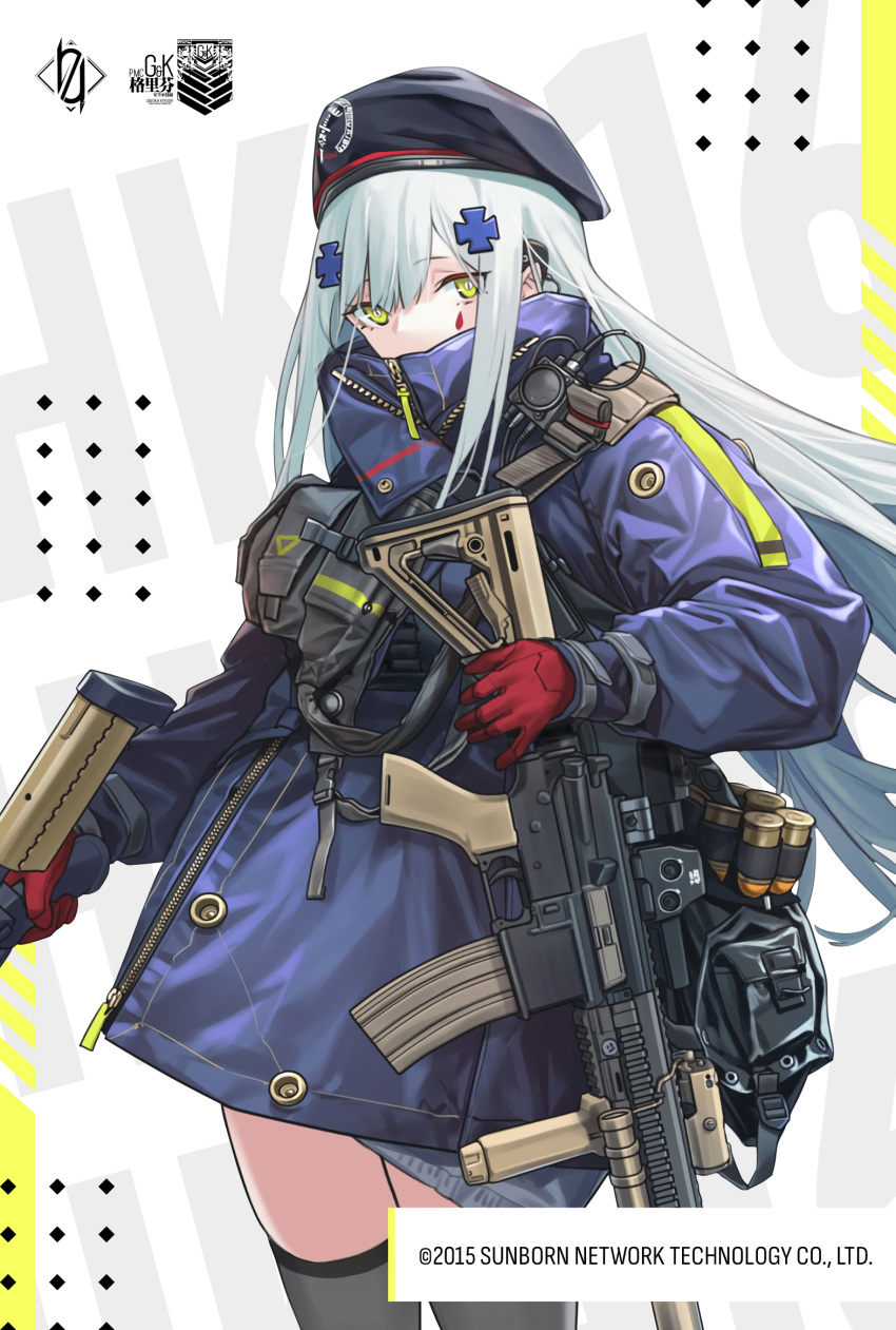 1girl 404_logo_(girls'_frontline) 40mm_grenade acog assault_rifle beret blunt_bangs earpiece facial_mark girls'_frontline gloves green_eyes grey_hair griffin_&amp;_kryuger grip gun h&amp;k_hk416 hair_ornament hat heckler_&amp;_koch highres hk416_(girls'_frontline) holding holding_gun holding_weapon laser_sight long_hair looking_at_viewer nagikoru radio red_gloves rifle solo teardrop teardrop_facial_mark teardrop_tattoo weapon