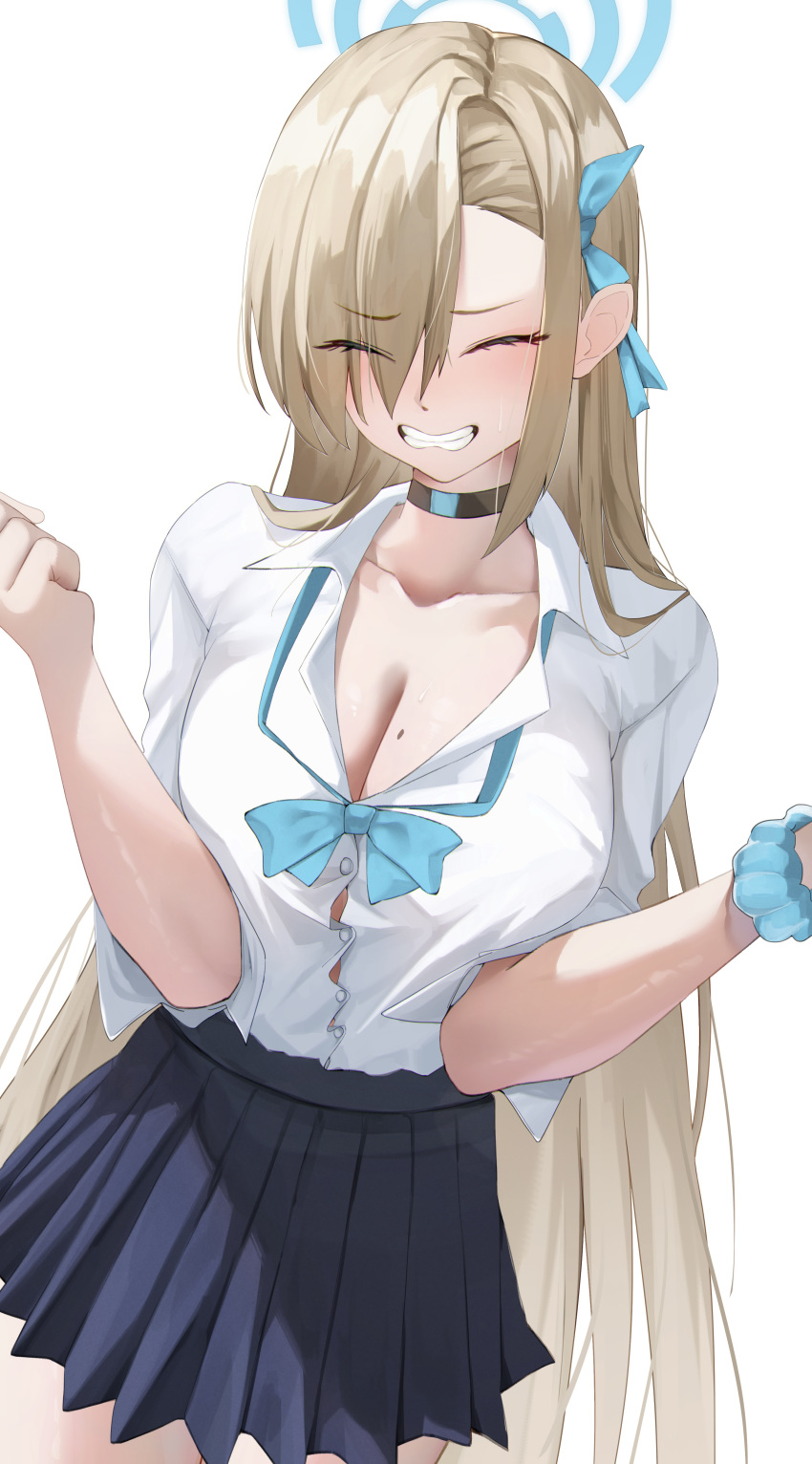 1girl absurdres aqua_ribbon aqua_scrunchie asuna_(blue_archive) black_choker black_skirt blonde_hair blue_archive blue_halo blush breasts choker cleavage clenched_teeth closed_eyes collarbone collared_shirt commentary_request hair_ornament hair_ribbon halo hands_up highres katagirinanoka large_breasts long_hair pleated_skirt ribbon scrunchie shirt simple_background skirt solo teeth white_background white_shirt wrist_scrunchie