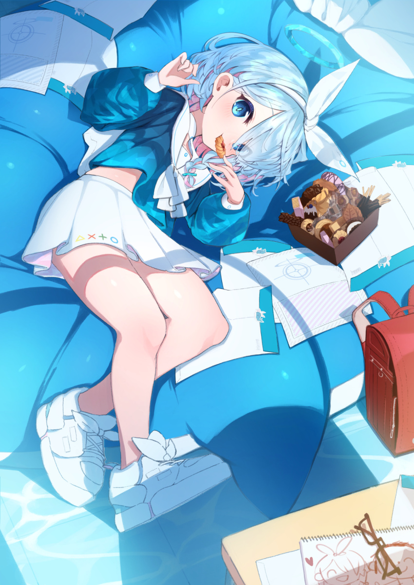 1girl arona_(blue_archive) backpack bag blue_archive blue_eyes blue_hair blue_halo blush braid colored_inner_hair cookie eating food glasses halo highres hiyayakko_(jfky2528) long_sleeves looking_at_viewer multicolored_hair pink_hair pleated_skirt randoseru sailor_collar shoes short_hair single_braid skirt solo unworn_eyewear white_footwear white_sailor_collar white_skirt