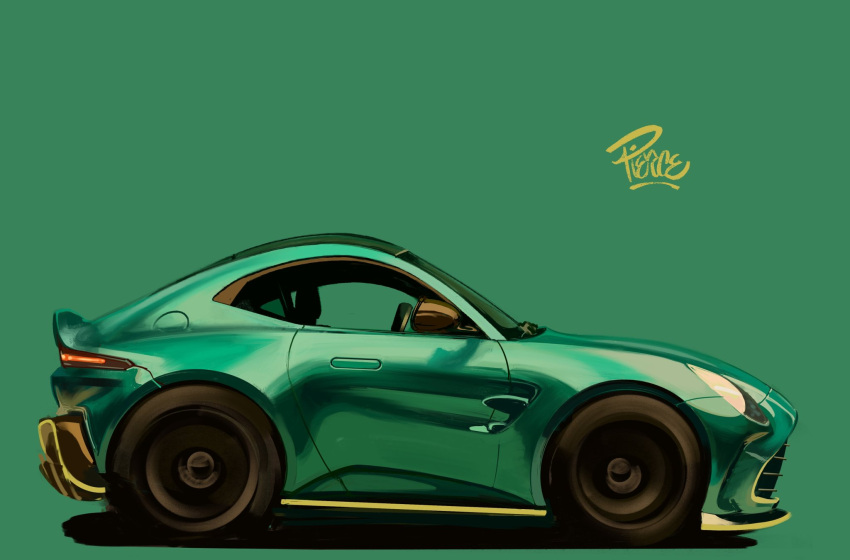 artist_name aston_martin aston_martin_vantage car english_commentary from_side green_background green_car highres motor_vehicle no_humans original shadow simple_background sports_car vehicle_focus will_pierce