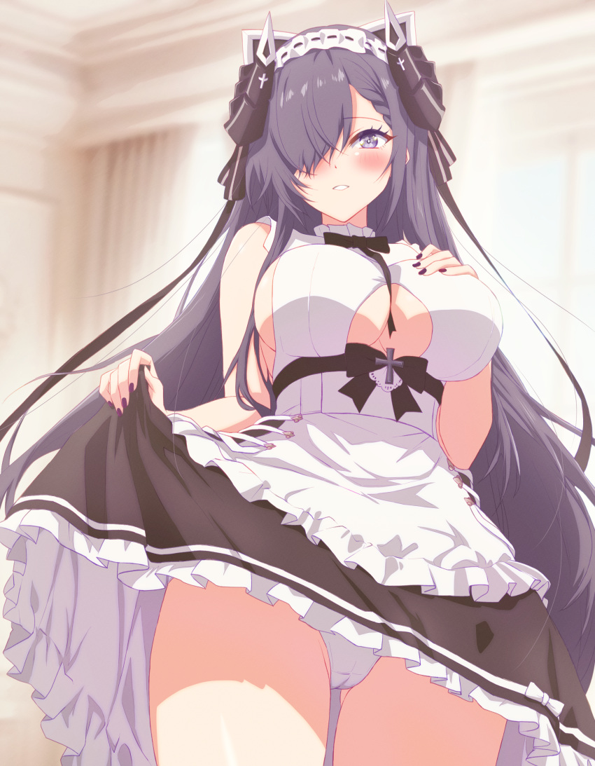 1girl absurdres apron arbiter1 august_von_parseval_(azur_lane) august_von_parseval_(the_conquered_unhulde)_(azur_lane) azur_lane between_breasts black_horns black_nails breasts cleavage_cutout clothes_lift clothing_cutout cowboy_shot curled_horns dress frilled_apron frilled_skirt frills green_eyes grey_hair hair_over_one_eye hand_on_own_chest highres horns lifted_by_self long_hair looking_at_viewer maid maid_headdress mechanical_horns nail_polish official_alternate_costume one_eye_covered panties pantyshot skirt skirt_lift sleeveless sleeveless_dress smile strap_between_breasts two-tone_dress underboob_cutout underwear waist_apron white_apron white_panties