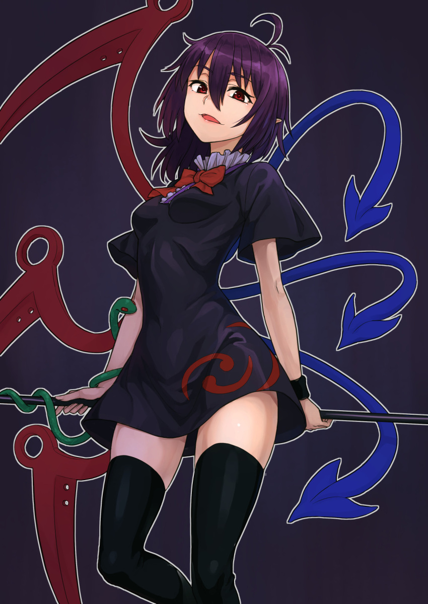 1girl asymmetrical_wings black_background black_dress black_thighhighs blue_wings commentary_request dress feet_out_of_frame highres houjuu_nue kakone looking_at_viewer medium_hair messy_hair open_mouth red_eyes red_wings simple_background solo thighhighs touhou wings