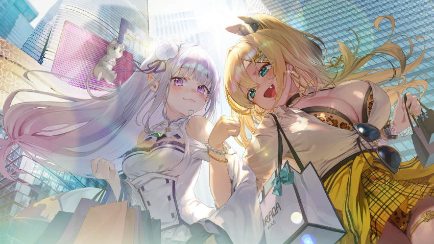 2girls :d absurdres animal_print bag blonde_hair blush bra bra_peek bracelet breasts building checkered_clothes checkered_skirt choker cityscape cleavage clothes_around_waist dress emilia_(re:zero) eyewear_hang fang flower goddess_of_victory:_nikke green_eyes grey_hair hair_between_eyes hair_flower hair_ornament highres jacket jacket_around_waist jewelry kokko_(kokko3045) large_breasts leopard_print locked_arms long_hair medium_breasts multiple_girls open_mouth pointy_ears ponytail puck_(re:zero) purple_eyes re:zero_kara_hajimeru_isekai_seikatsu rupee_(nikke) shirt shopping_bag skirt skyscraper smile sunglasses thighlet unbuttoned unbuttoned_shirt underwear unworn_eyewear white_dress yellow_jacket yellow_skirt