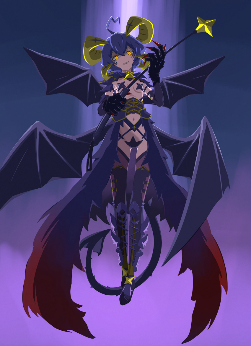 1girl 32zzz ahoge black_hair black_thighhighs breastless_clothes breasts corset demon_horns demon_tail demon_wings facial_tattoo forward_facing_horns gauntlets hair_between_eyes highres hiiragi_utena horns maebari magia_baiser mahou_shoujo_ni_akogarete multiple_horns multiple_wings navel parted_lips pasties purple_corset purple_pasties revision sidelocks small_breasts solo star_pasties star_wand symbol-shaped_pupils tail tattoo teeth thighhighs upper_teeth_only wings x-shaped_pupils yellow_eyes