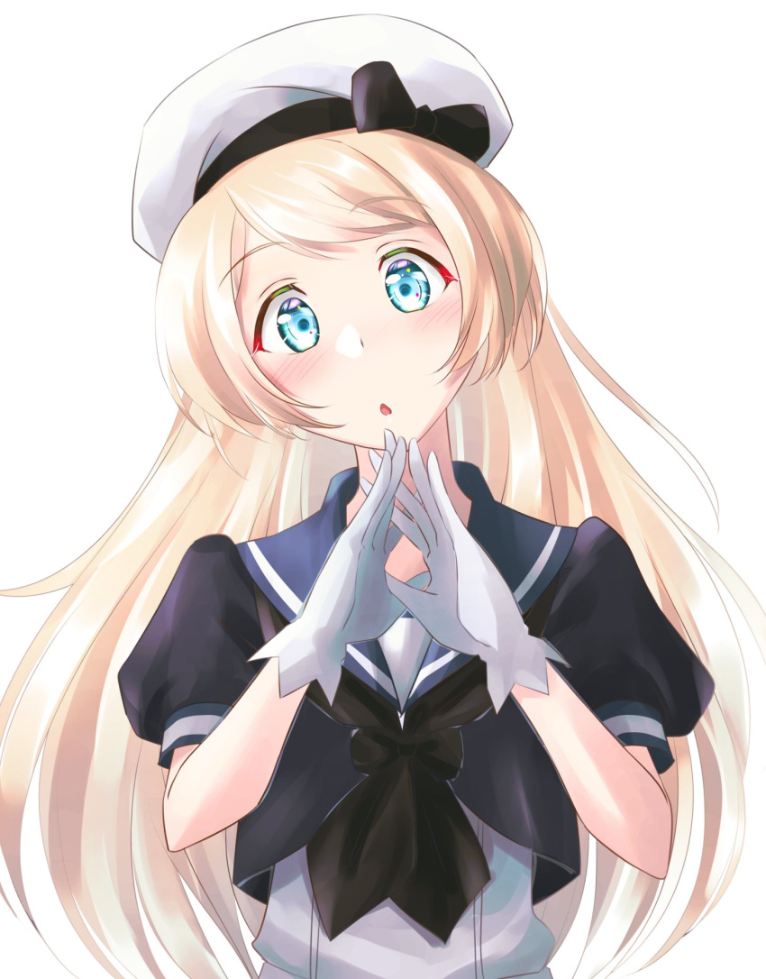 1girl black_jacket black_neckerchief blonde_hair blue_eyes blue_sailor_collar chestnut_mouth dress gloves hat highres jacket jervis_(kancolle) kantai_collection long_hair neckerchief sailor_collar sailor_dress sailor_hat short_sleeves simple_background solo steepled_fingers tsukasa_(tukasa_br) upper_body white_background white_dress white_gloves white_hat