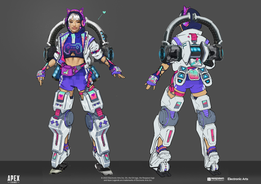 1girl absurdres apex_legends blue_hoodie conduit_(apex_legends) cropped_hoodie electronic_arts english_commentary exoskeleton fanny_pack grey_hair highres hood hood_up hoodie jacket logo multiple_views nessie_(respawn) official_alternate_costume official_art parted_lips player_one_conduit production_art purple_footwear purple_shorts realistic reference_sheet respawn_entertainment science_fiction shoes short_hair shorts smile sneakers snowy_zhang white_jacket