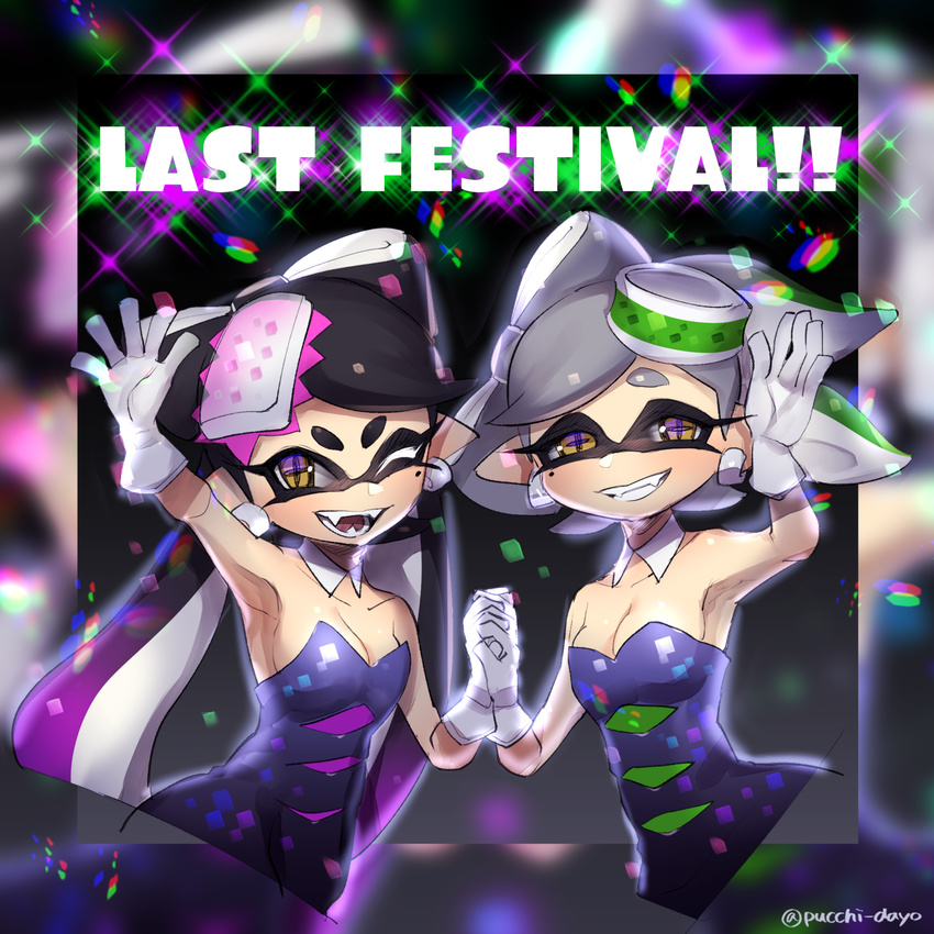 2girls aori_(splatoon) black_hair brown_eyes detached_collar domino_mask dress english fangs food food_on_head gloves grey_hair grin highres holding_hands hotaru_(splatoon) long_hair mask mole mole_under_eye multiple_girls object_on_head open_mouth pointy_ears puchiman short_hair short_jumpsuit smile splatoon_(series) splatoon_1 strapless strapless_dress sushi tentacle_hair twitter_username usa_(dai9c_carnival) waving white_gloves