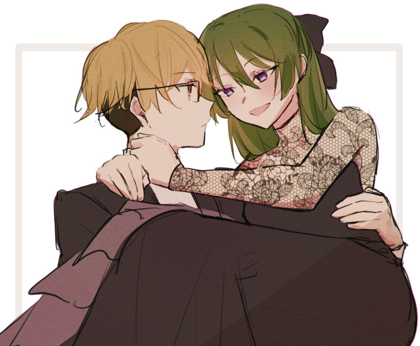 1boy 1girl :d arm_around_shoulder black_bow black_dress black_suit blonde_hair bow carrying dress fenfenfen_naku formal glasses green_hair hair_bow hair_down highres land_(sousou_no_frieren) long_hair looking_at_another princess_carry profile purple_eyes smile sousou_no_frieren suit ubel_(sousou_no_frieren) upper_body