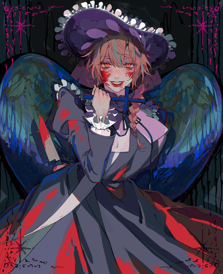 1girl arm_behind_back black_background black_dress black_hat blood blood_from_mouth blood_on_clothes blood_on_face blood_on_knife blood_on_weapon blue_wings border braid brown_hair commentary_request cross dress feathered_wings frilled_hat frills green_hair green_wings grin hair_over_shoulder hand_up hat highres holding holding_cross holding_knife juliet_sleeves knife long_hair long_sleeves looking_at_viewer multicolored_hair neck_ribbon orange_eyes original ornate_border puffy_sleeves red_lips ribbon rramarukun single_braid smile solo standing streaked_hair upper_body weapon weapon_behind_back wings